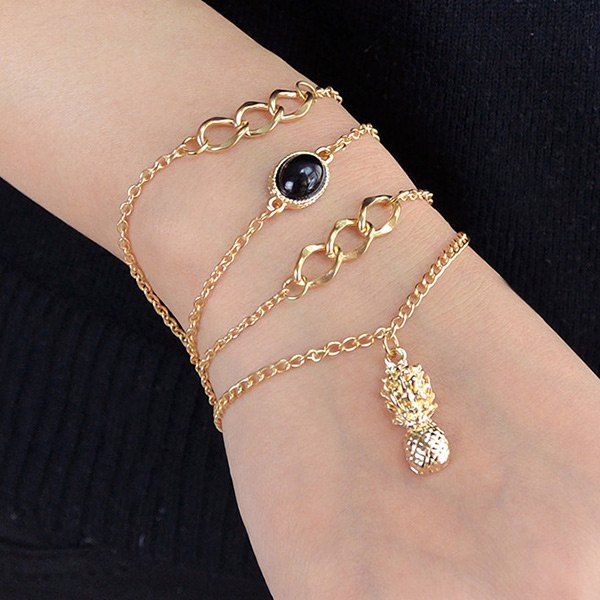 

Faux Gems Pineapple Shape Chains Bracelet Set, Golden