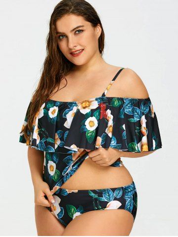 

Flounce Plus Size Flowers Print Swimsuit, Colormix