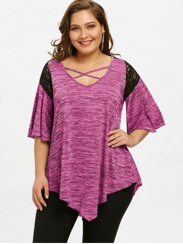 

Plus Size Flare Sleeve Asymmetrical Tunic T-shirt, Pink