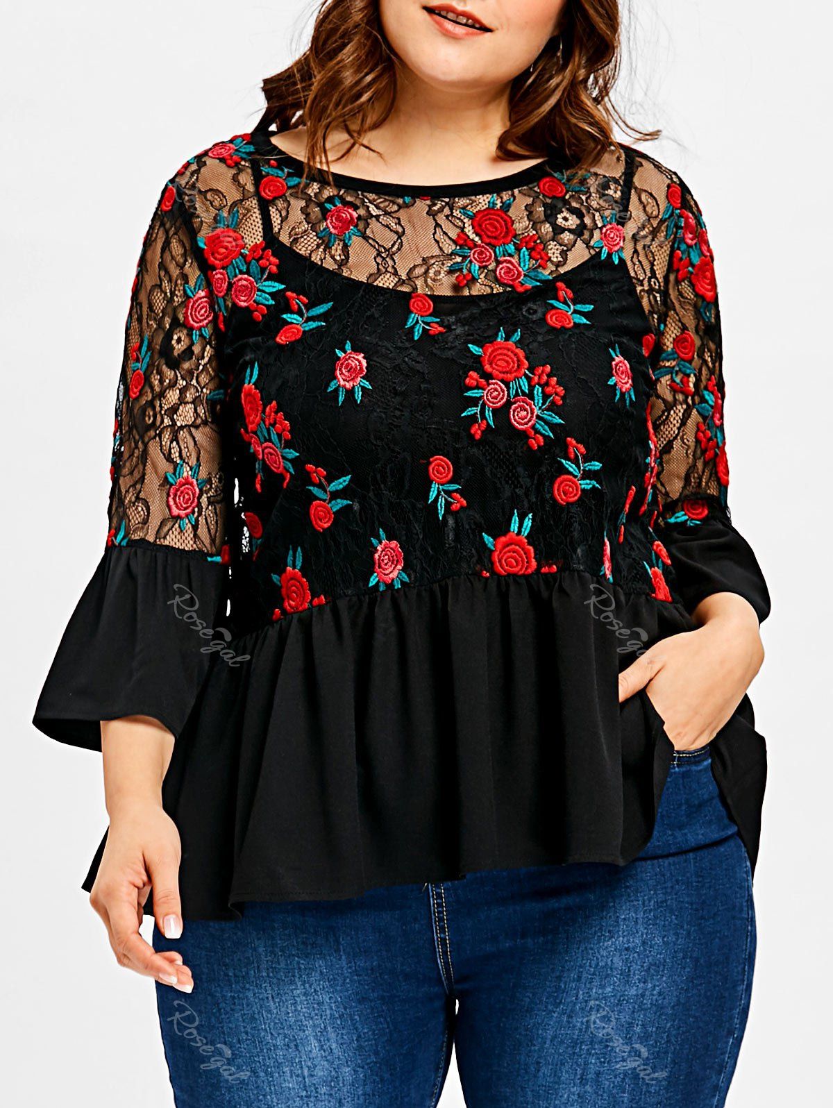Outfits Plus Size Embroidered Lace Top and Camisole  