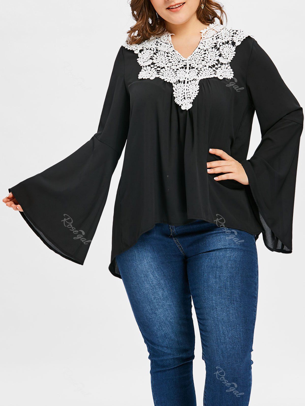 

Plus Size High Low Floral Crochet Blouse, Black