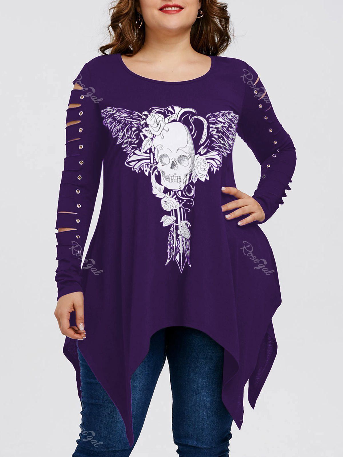 

Plus Size Shredding Skull T-shirt, Purple