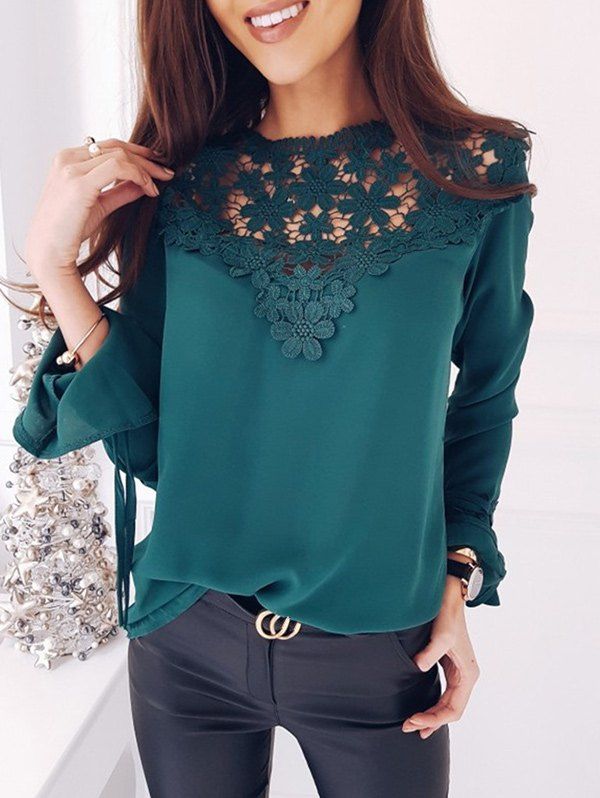 

Bell Sleeve Floral Lace Panel Top, Green