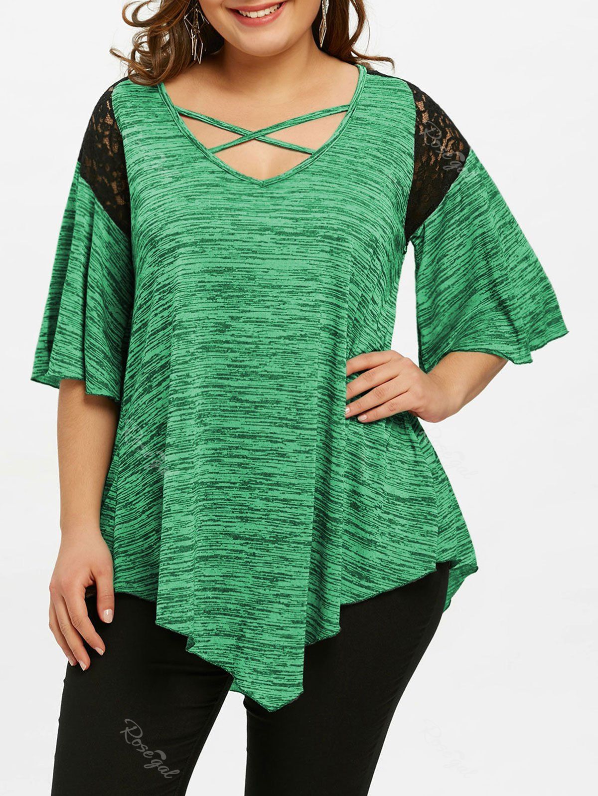 

Plus Size Flare Sleeve Asymmetrical Tunic T-shirt, Green
