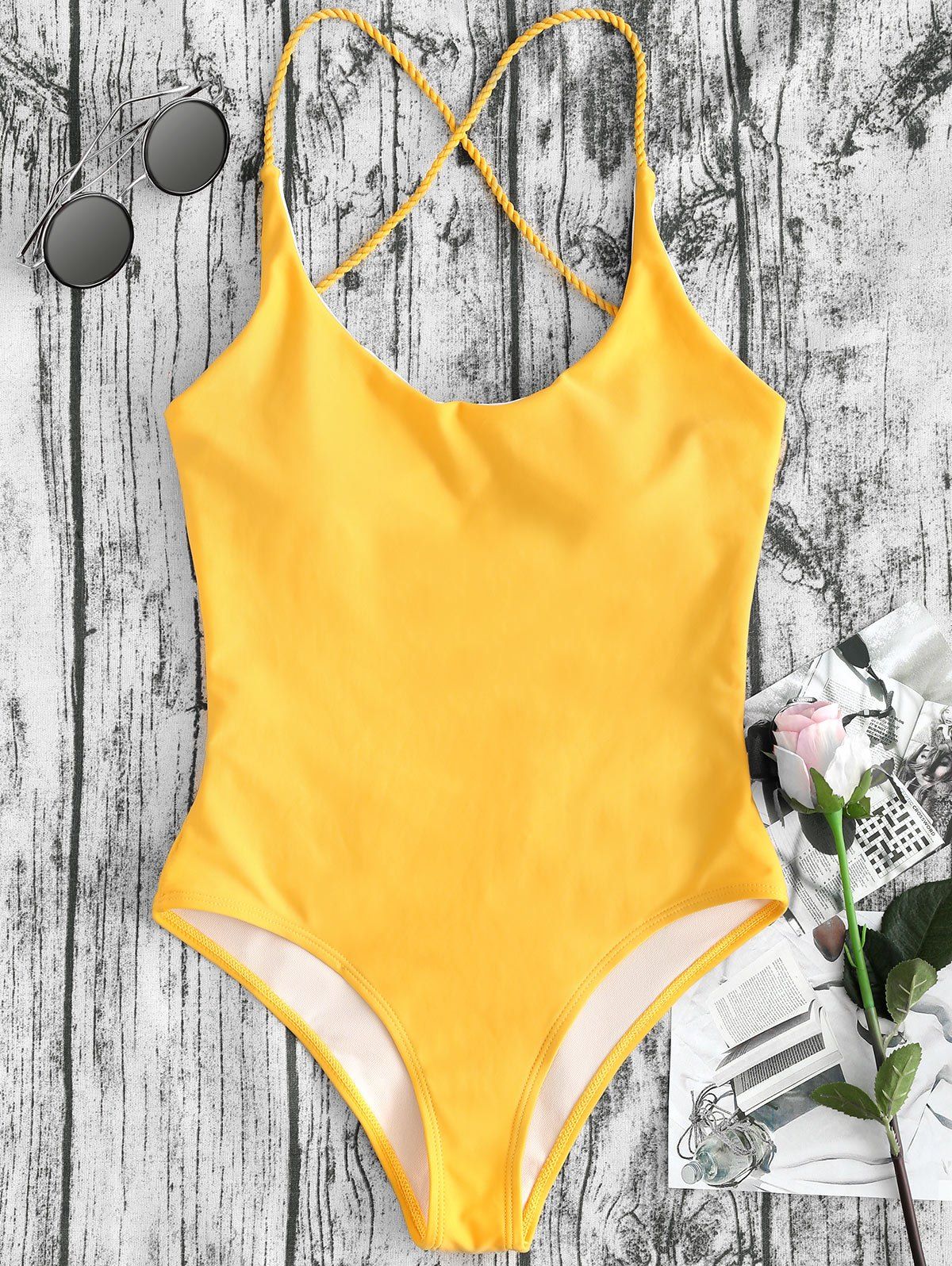 

Cross Straps Backless One Piece Swimsuit, Mustard