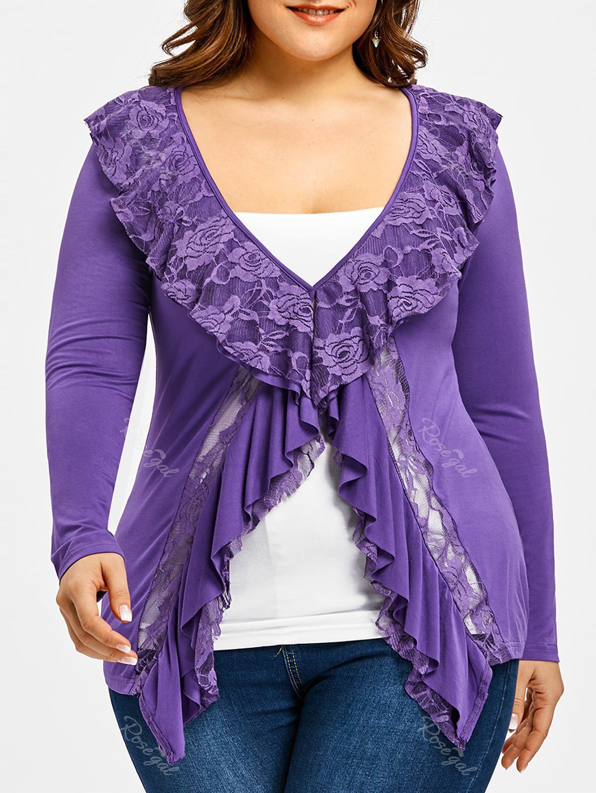 

Ruffled Lace Insert Plus Size Tee, Purple