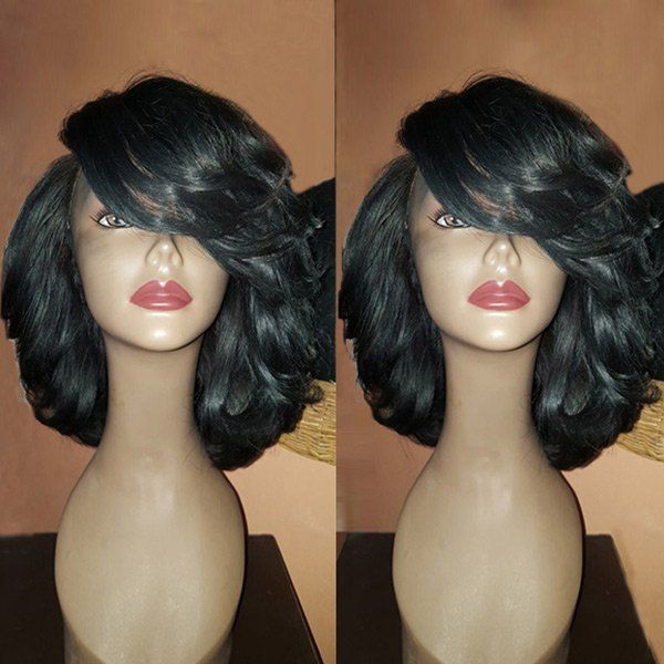 Medium Side Bang Wavy Synthetic Wig, Black