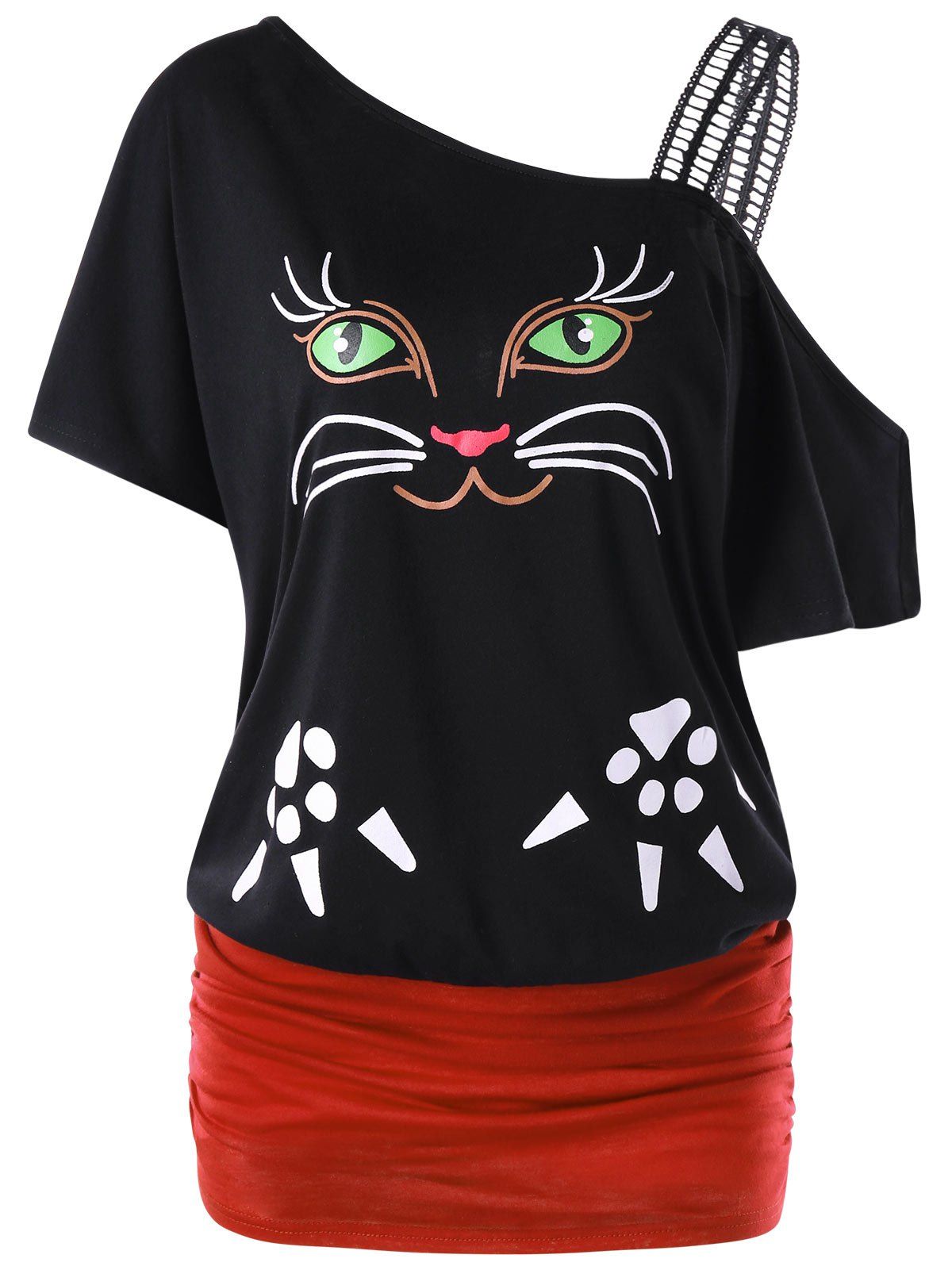 

Cat Pattern Skew Collar Tunic T-shirt, Black