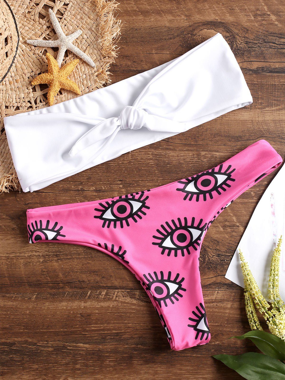 

Eye Print High Leg Bandeau Bikini, White
