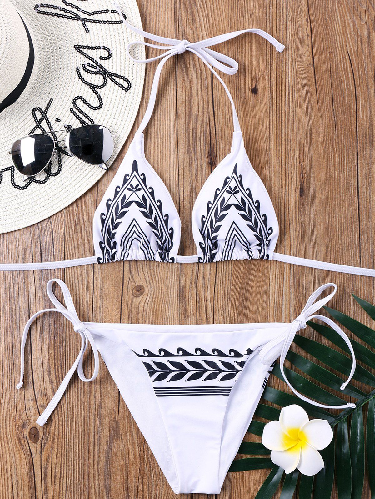 

Tie Side Tribal Print String Bikini Set, White