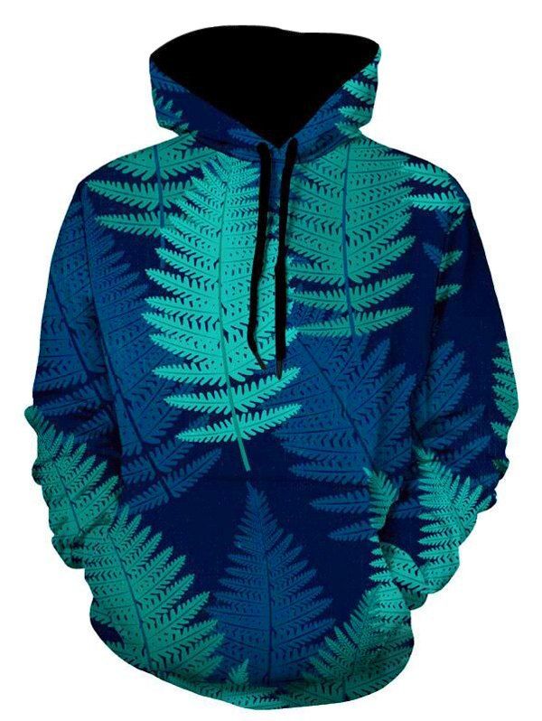 

Kangaroo Pocket Leaf Print Pullover Hoodie, Blue and green