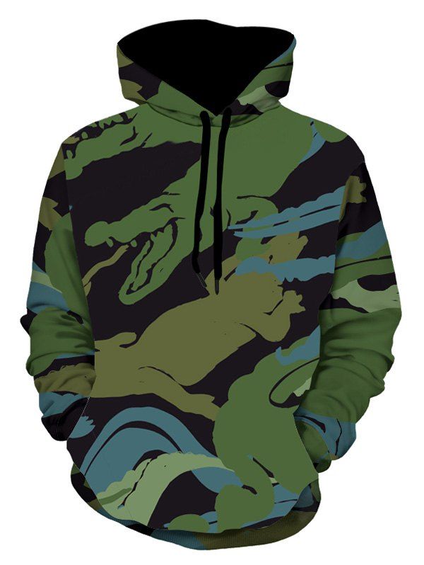 

Kangaroo Pocket Crocodile Print Pullover Hoodie, Green