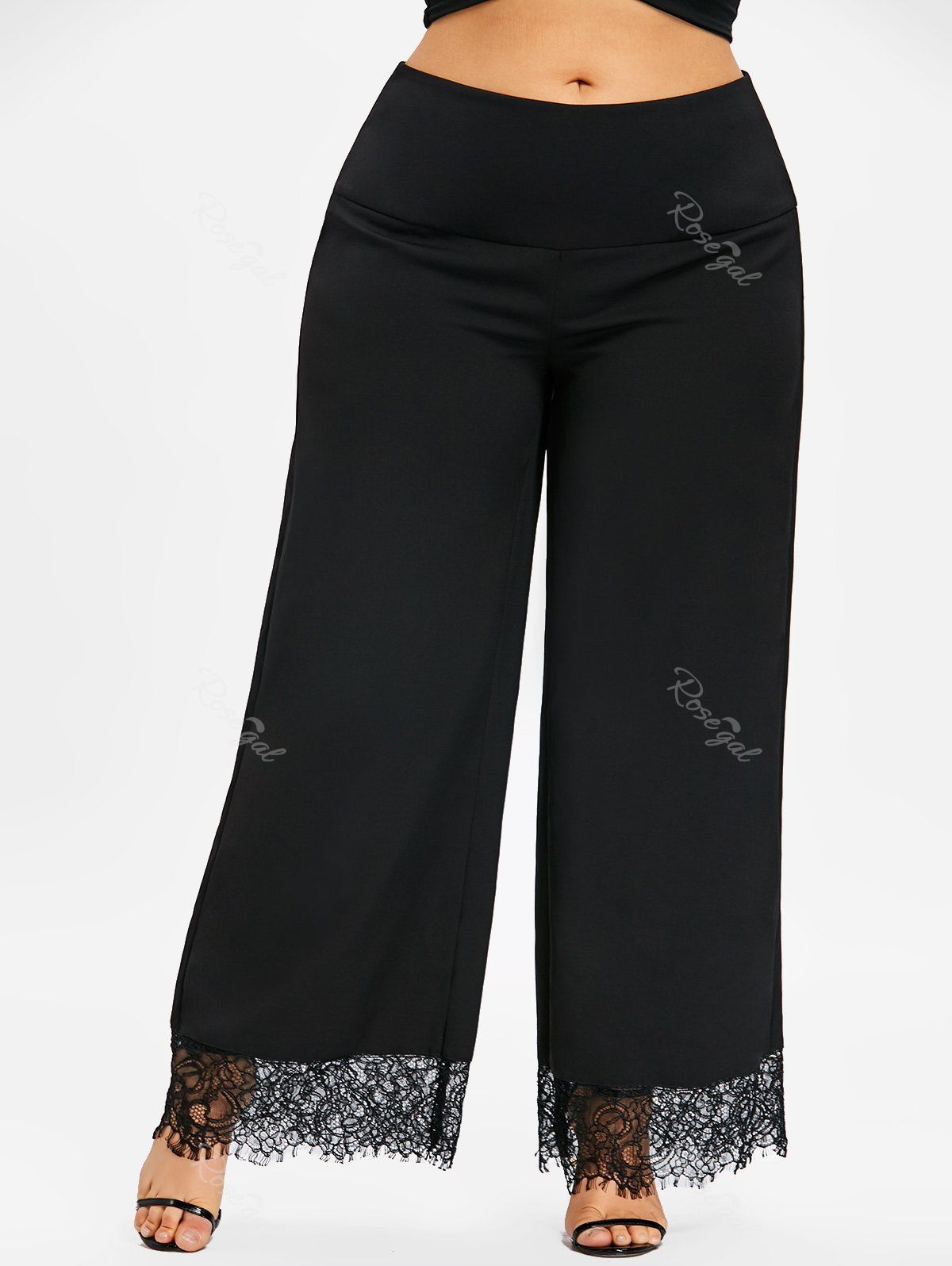 

Plus Size Lace Panel Palazzo Pants, Black