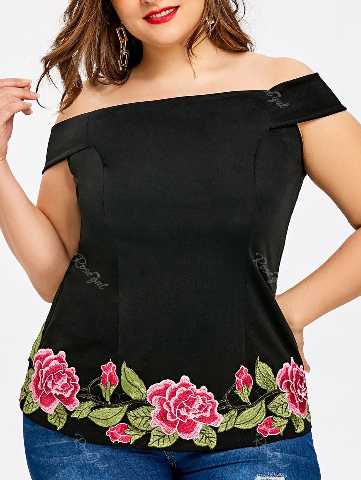 44 Off Plus Size Embroidery Off The Shoulder T Shirt Rosegal 4282