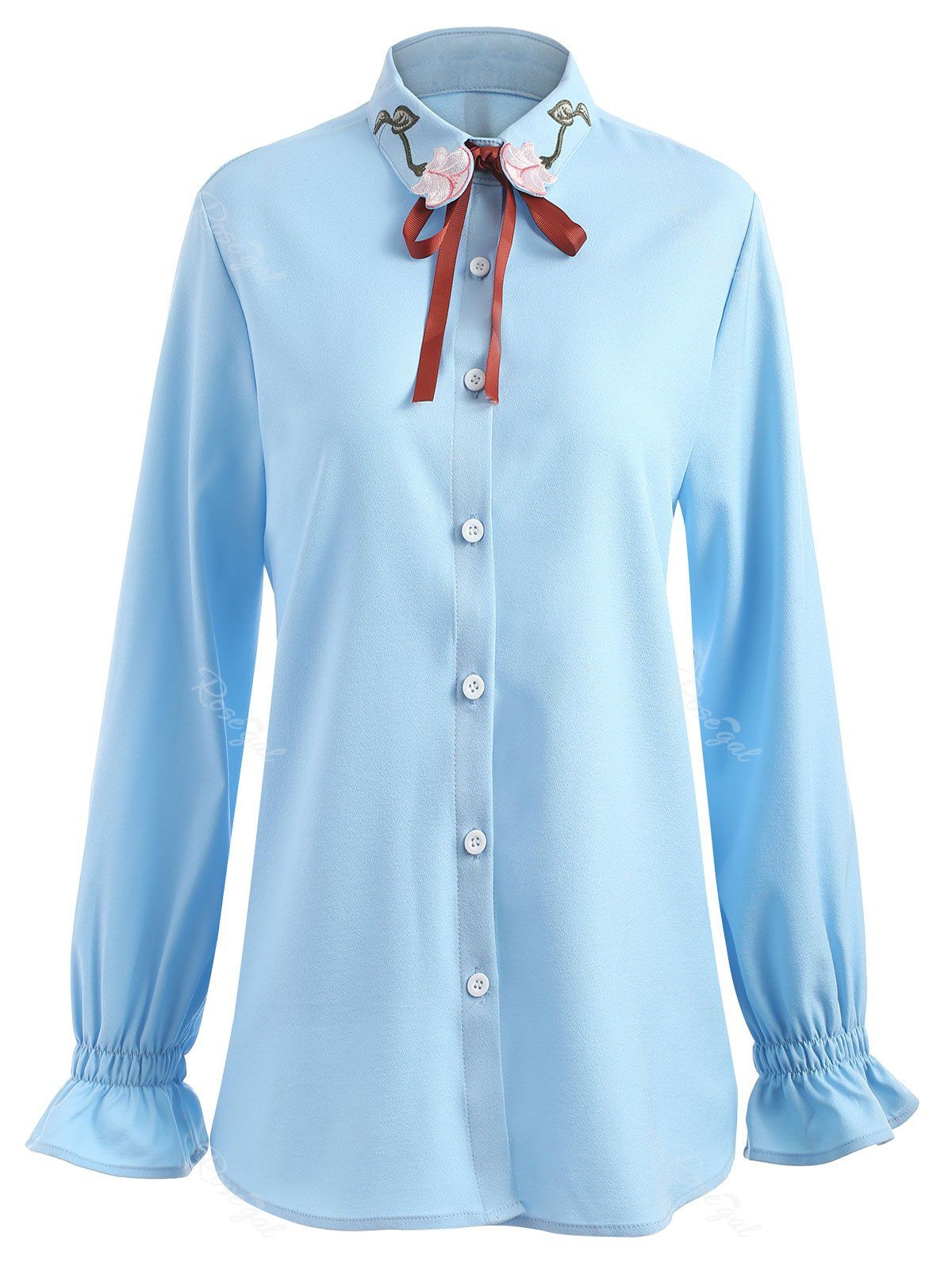 

Plus Size Elastic Cuffs Floral Embroidered Shirt, Blue