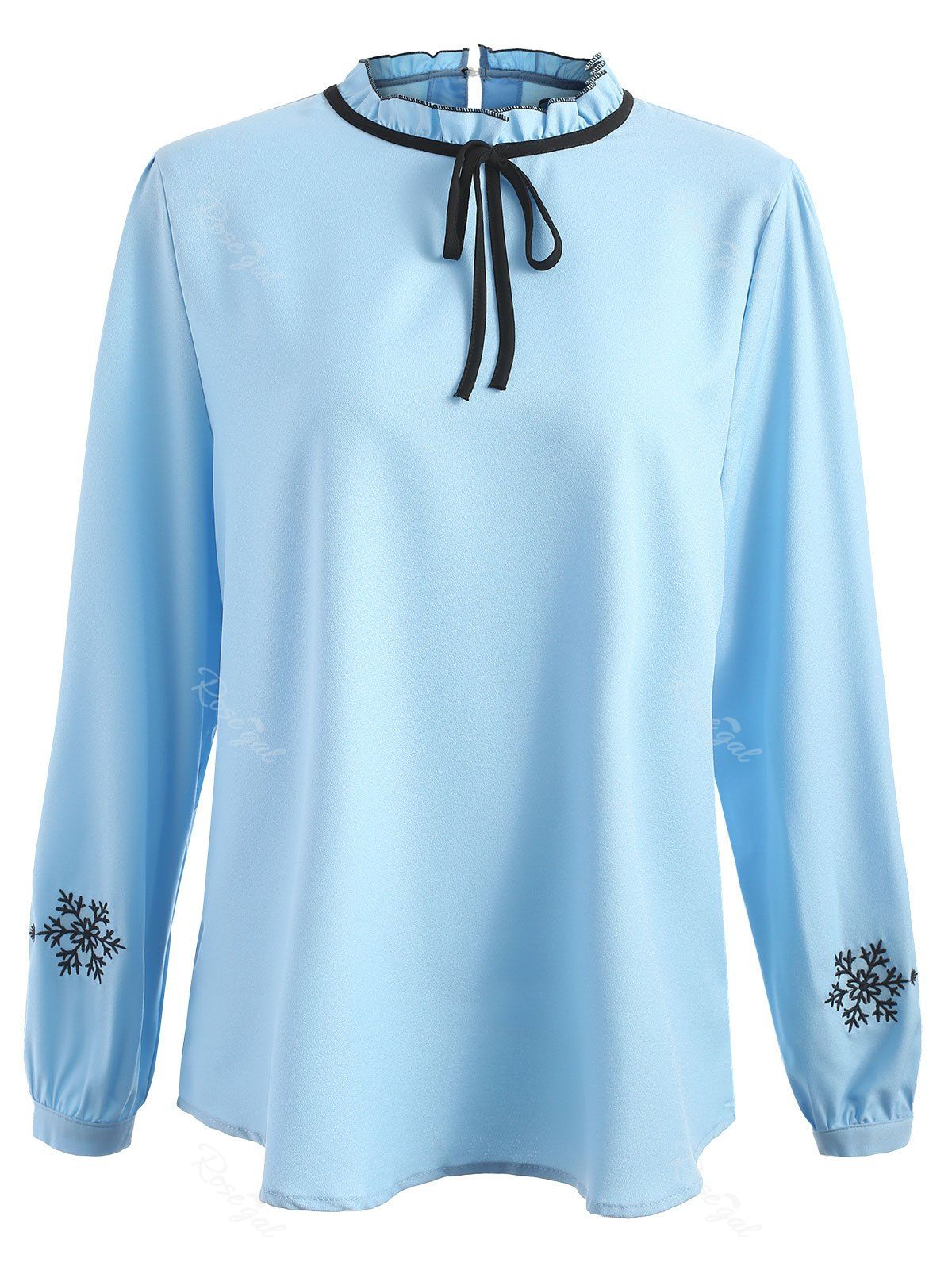 

Plus Size Snowflake Embroidery Ruffle Trim Blouse, Blue