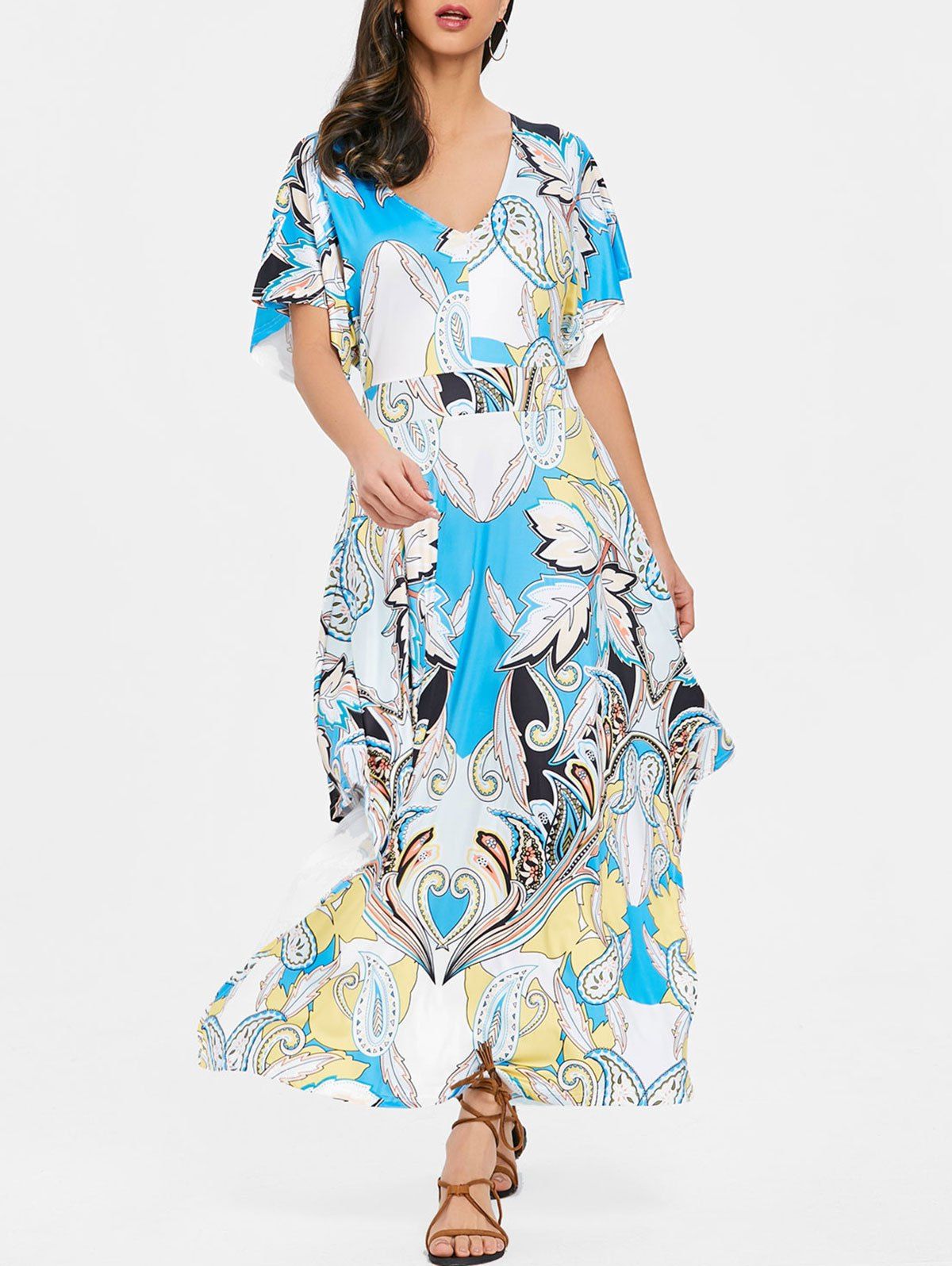 

V-neck Print Maxi Dress, Blue