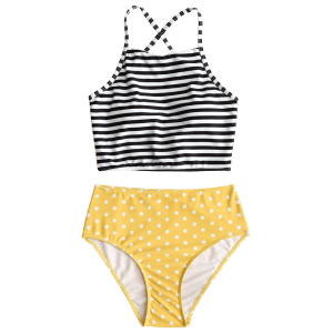 Striped Polka Dot High Waisted Bikini Set -  
