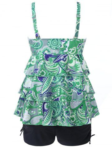 

Printed Plus Size Tier Flounce Tankini Set, Green