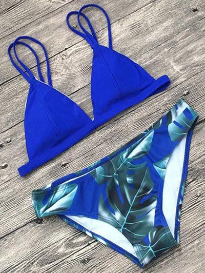 

Leaf Print Spaghetti Strap Bikini Set, Blue