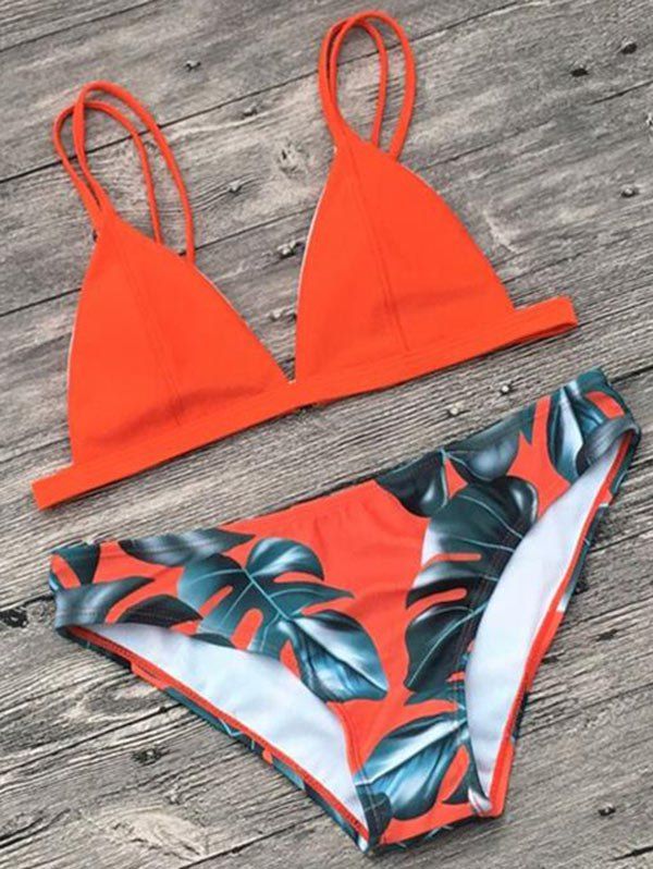 

Leaf Print Spaghetti Strap Bikini Set, Pearl kumquat