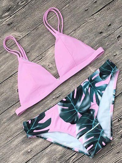 

Leaf Print Spaghetti Strap Bikini Set, Pink