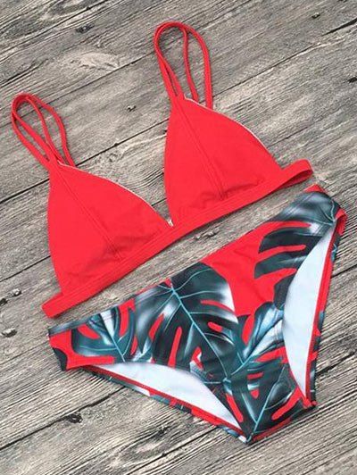 

Leaf Print Spaghetti Strap Bikini Set, Red