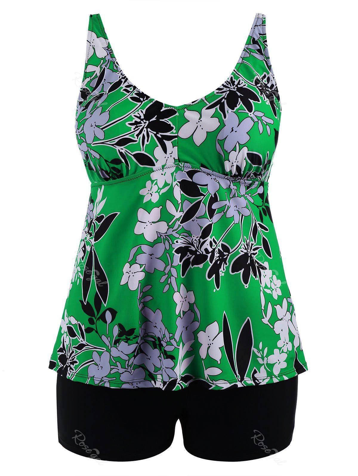 

Padded High Waisted Floral Plus Size Tankini Set, Green