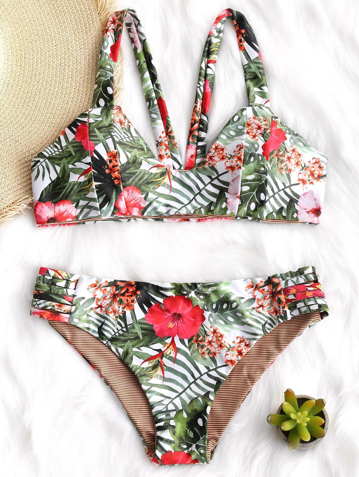 

Leaf and Flower Print Padded Bikini Set, Floral