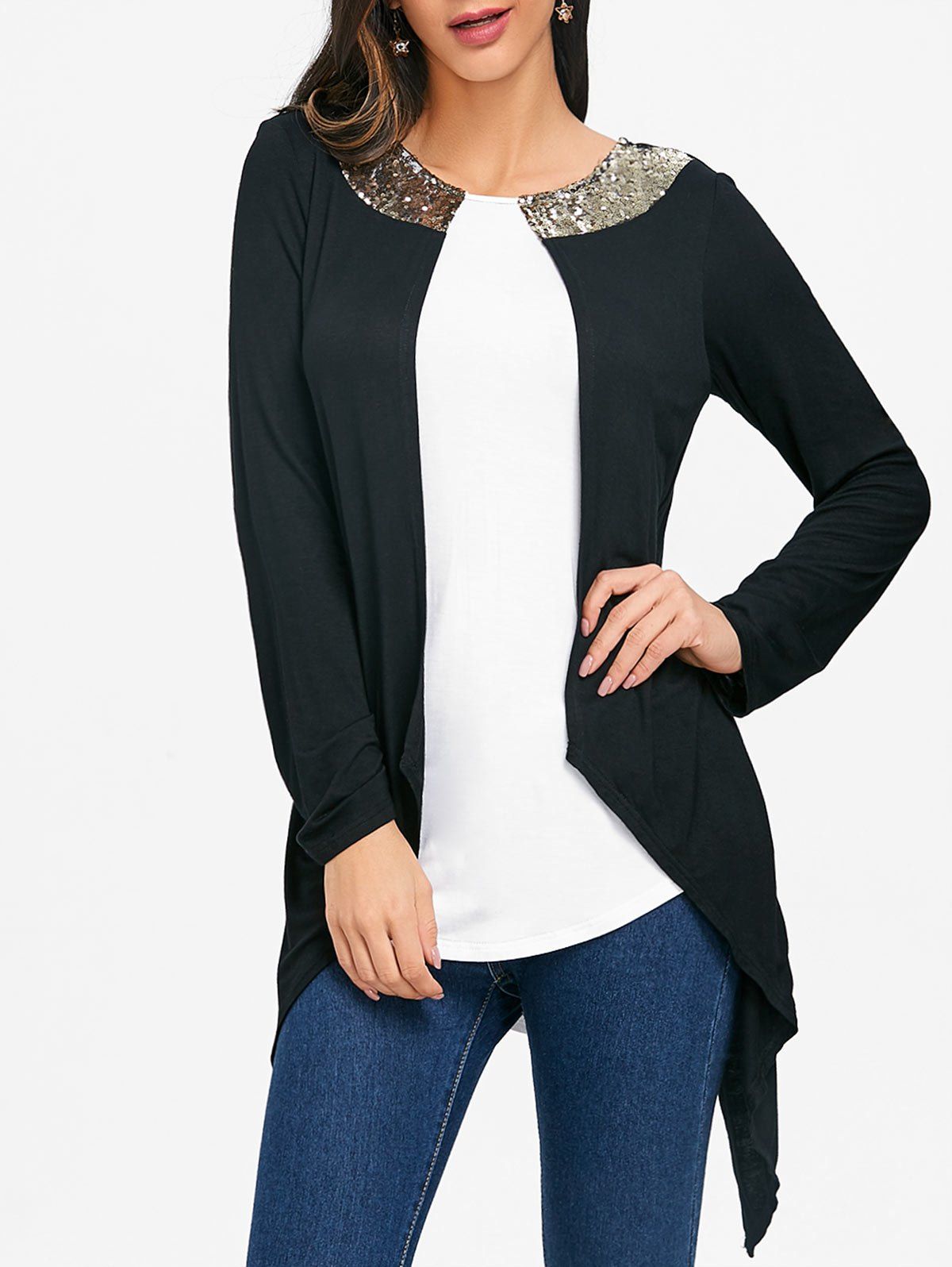 

Asymmetrical Color Block Sequins Tunic Tee, White and black