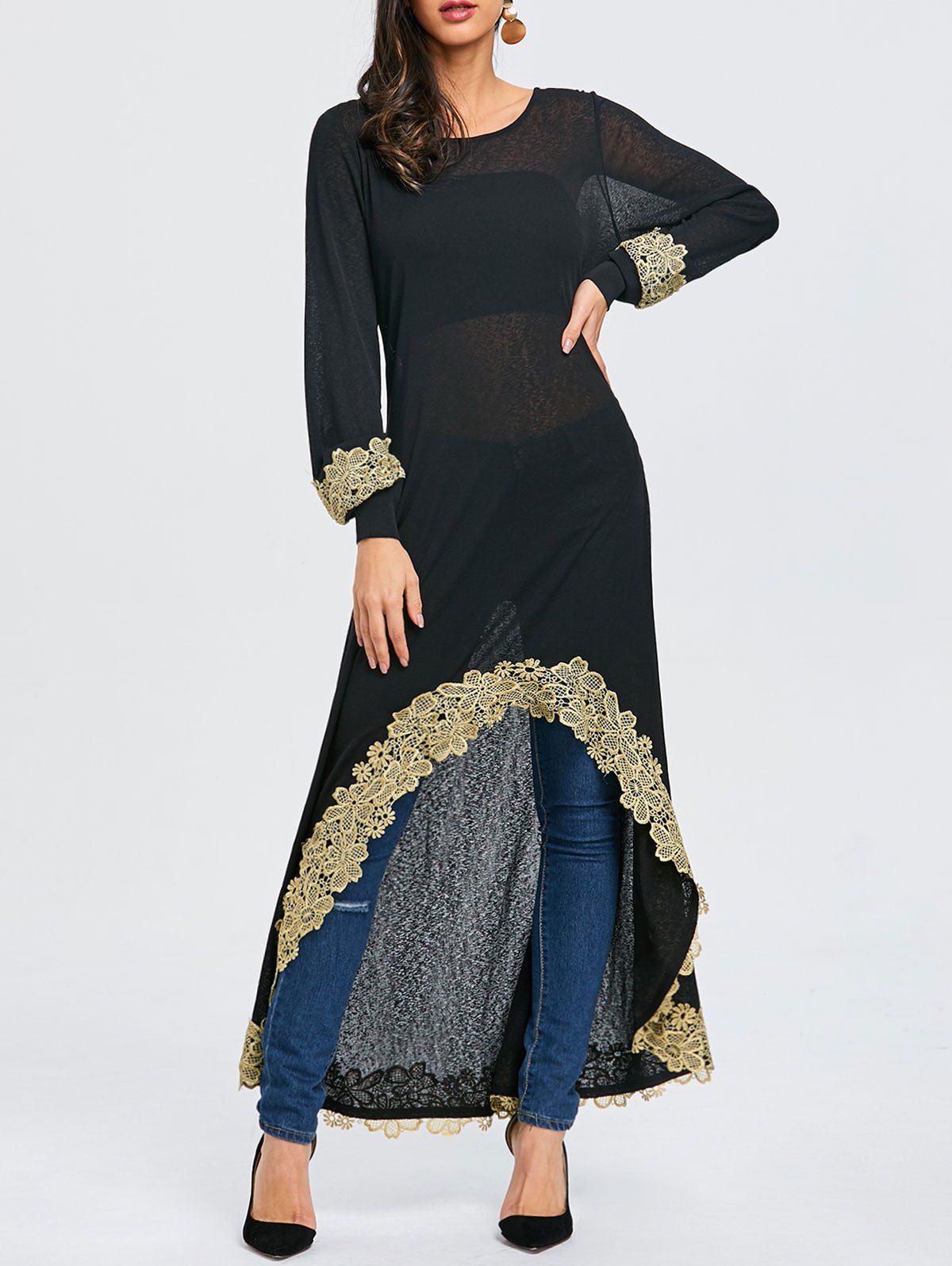 

Embroidered High Low Maxi Tee, Black