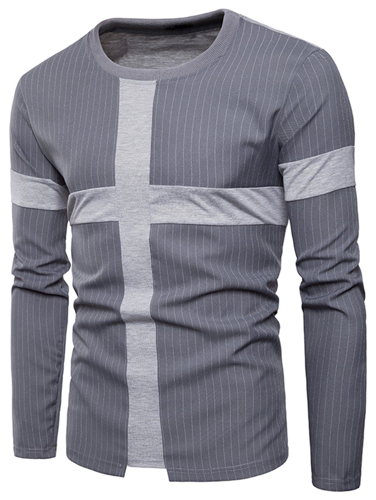

Cross Panel Vertical Stripe Long Sleeve T-shirt, Gray