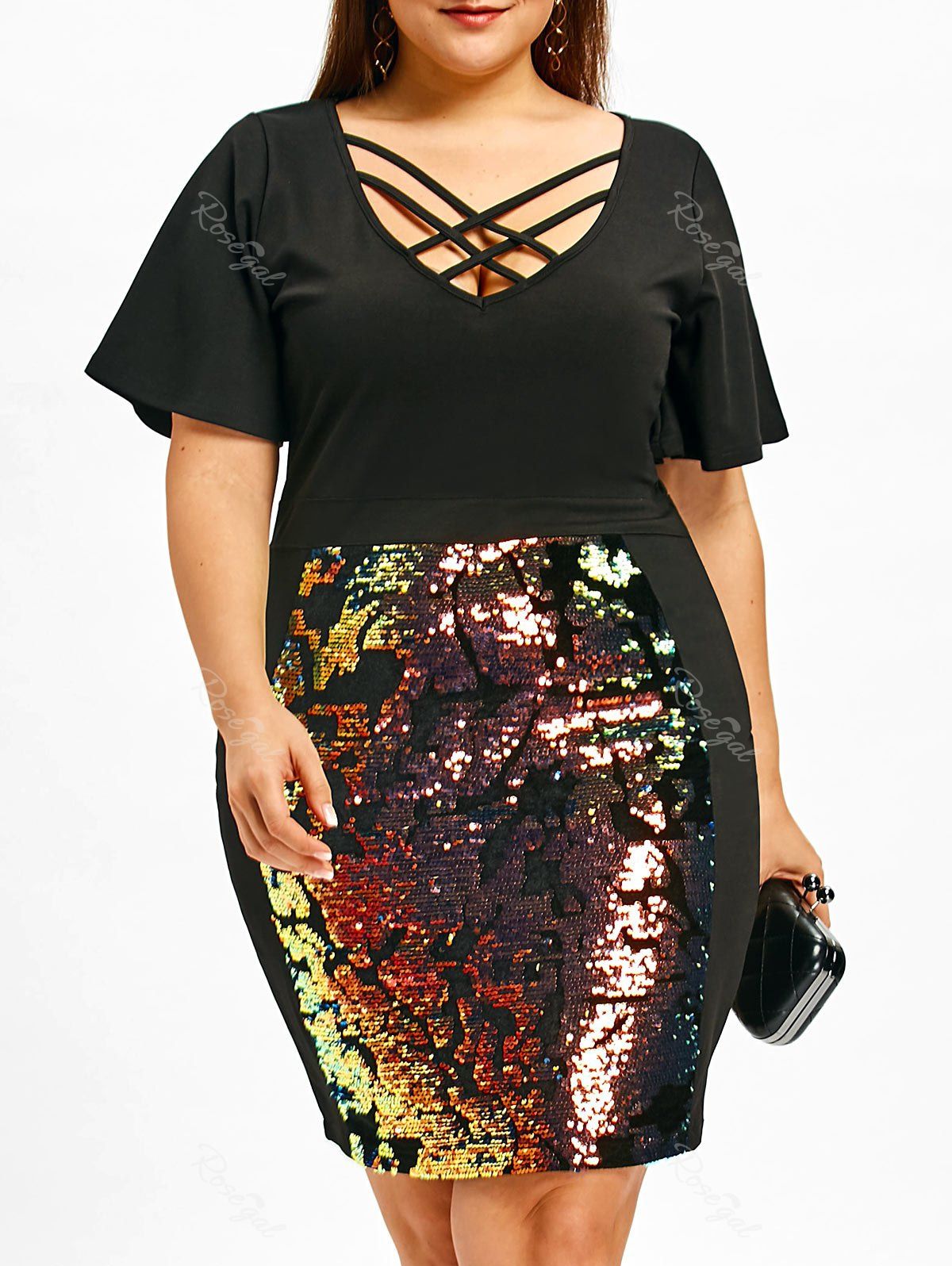 

Sequins Lattice Cut Plus Size Bodycon Dress, Black