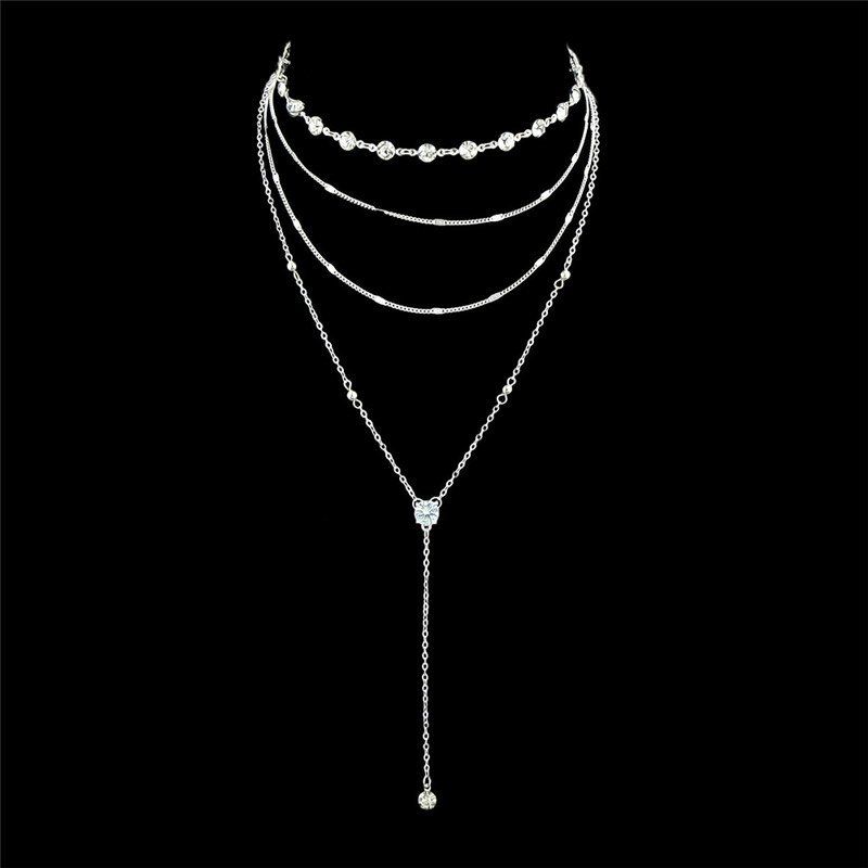 

Rhinestone Alloy Chain Layered Necklace Set, Silver
