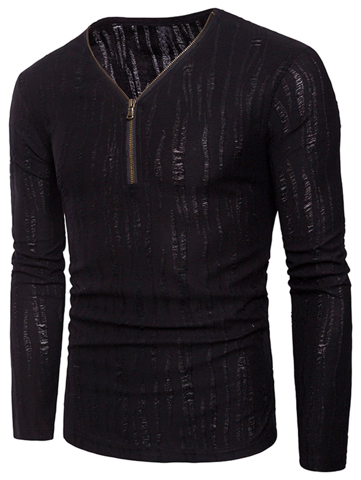 [28% OFF] Zipper Design Long Sleeve Distressed T-Shirt | Rosegal