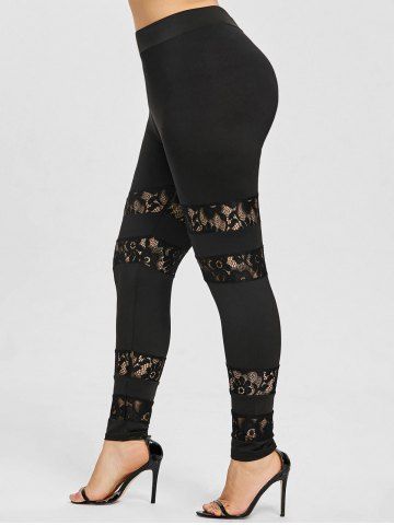 

See Through Lace Insert Plus Size Leggings, Black