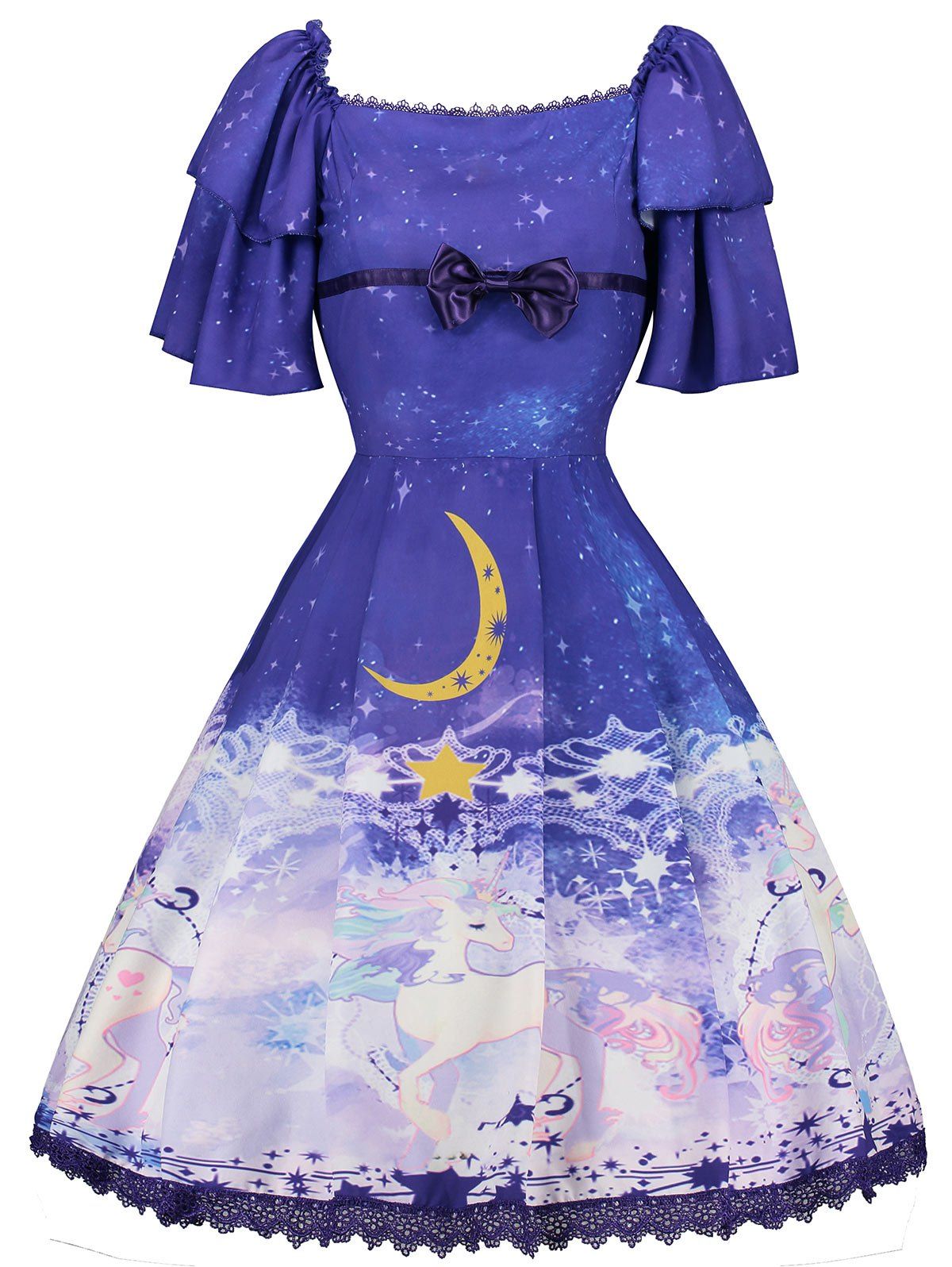 

Ruffle Neck Sky Night Print Lolita Dress, Colormix