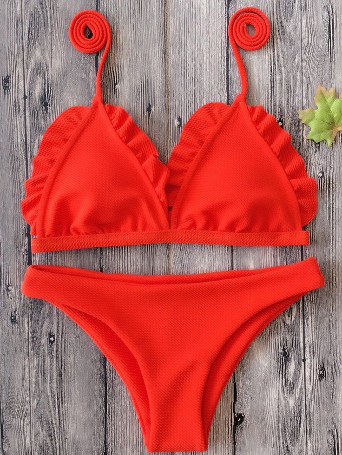 

Ruffle Trim Spaghetti Strap Bikini Set, Jacinth