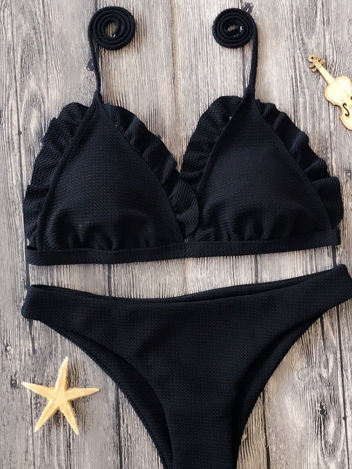 

Ruffle Trim Spaghetti Strap Bikini Set, Black