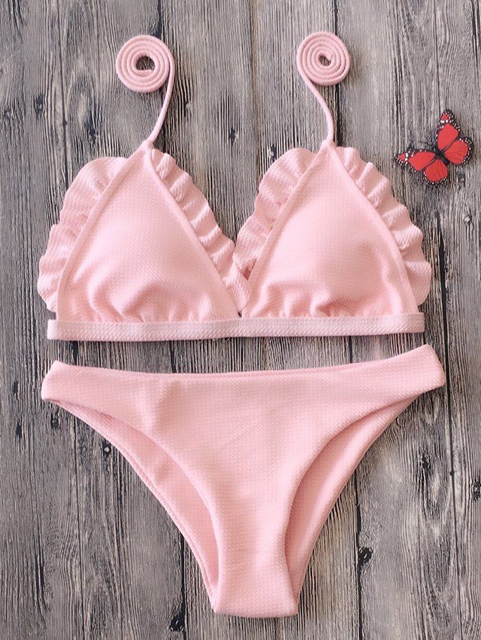 

Ruffle Trim Spaghetti Strap Bikini Set, Pink