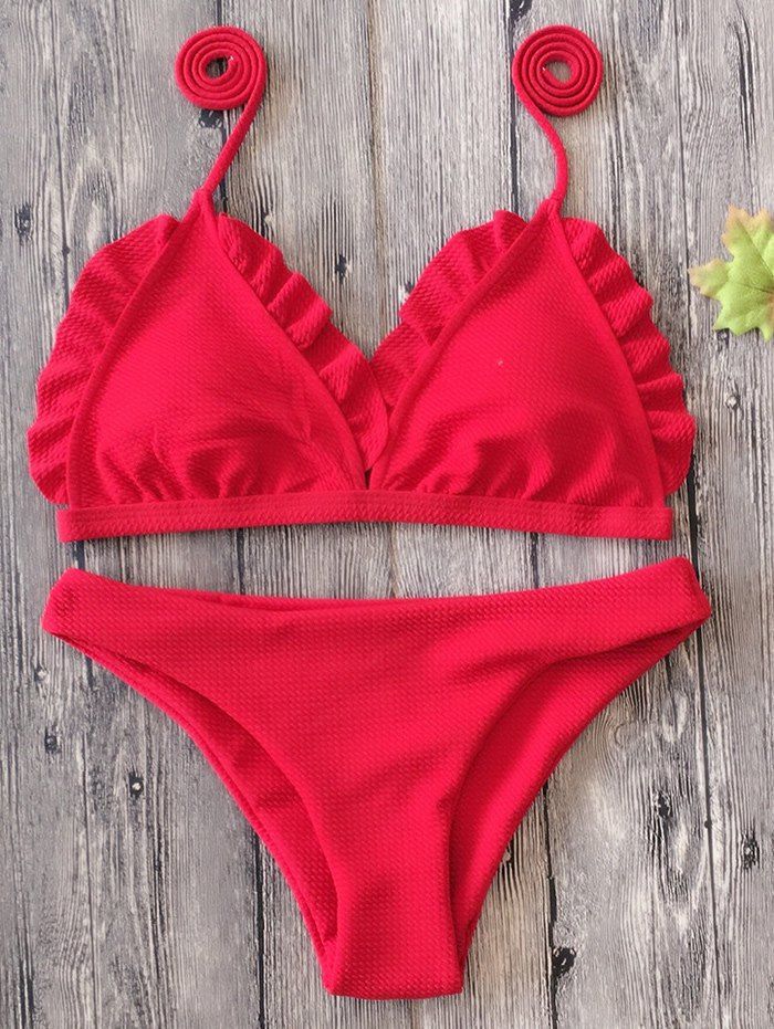 

Ruffle Trim Spaghetti Strap Bikini Set, Red