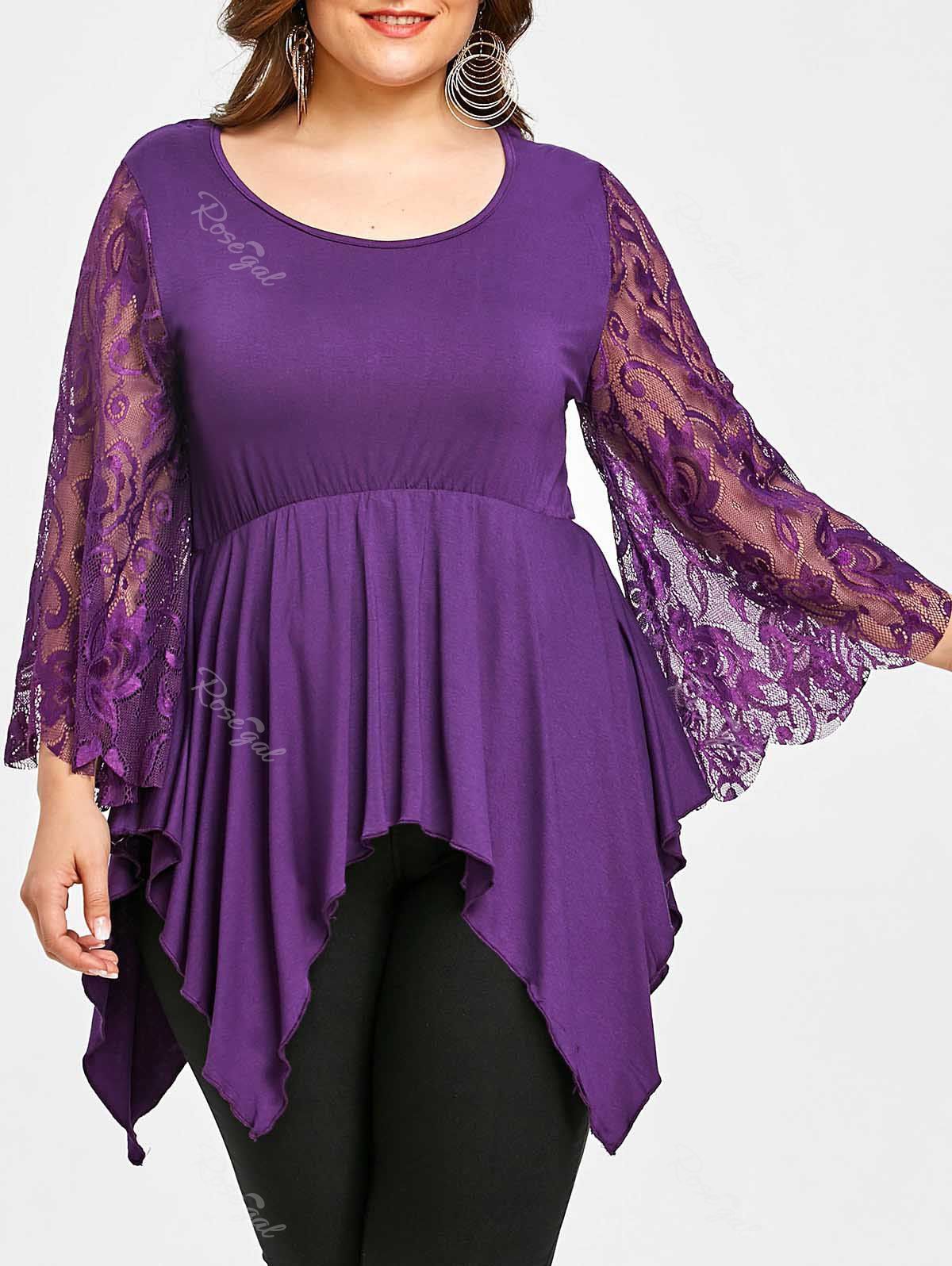 

Lace Sleeve Plus Size Handkerchief T-shirt, Purple