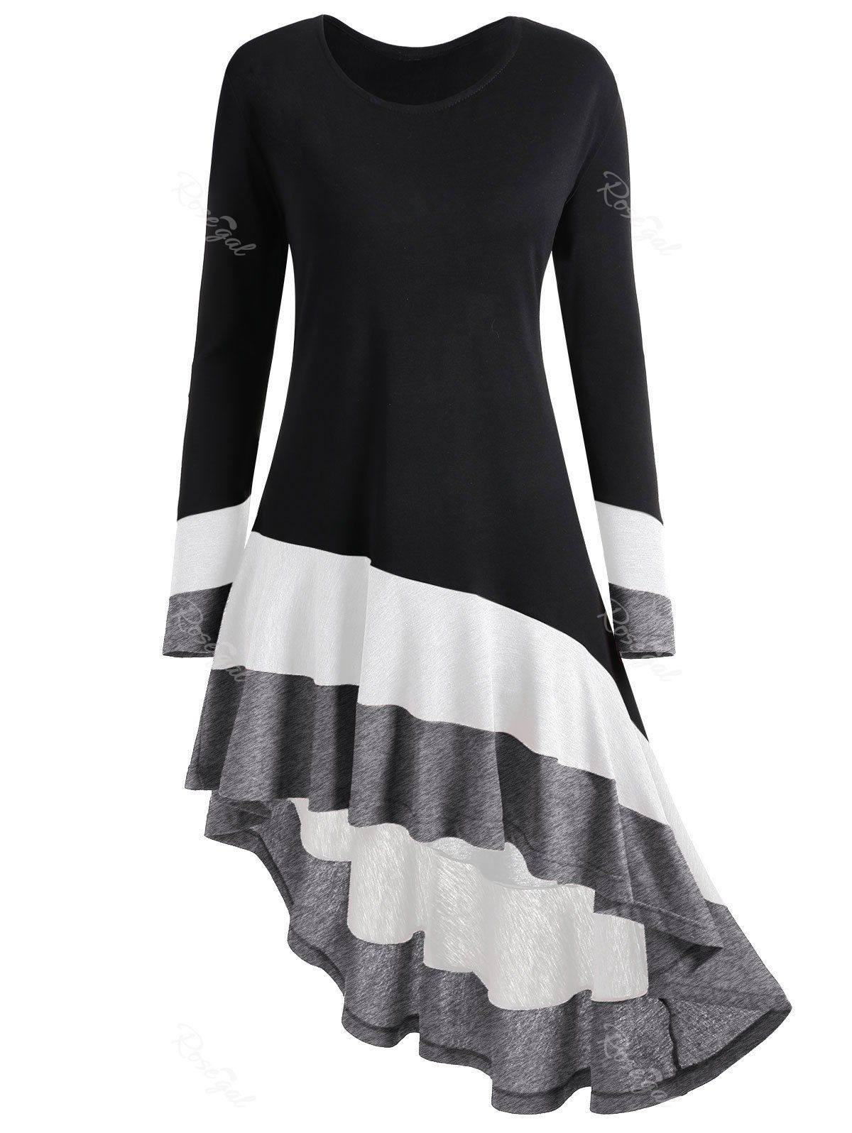 

Plus Size Asymmetric Color Block Top, White and black