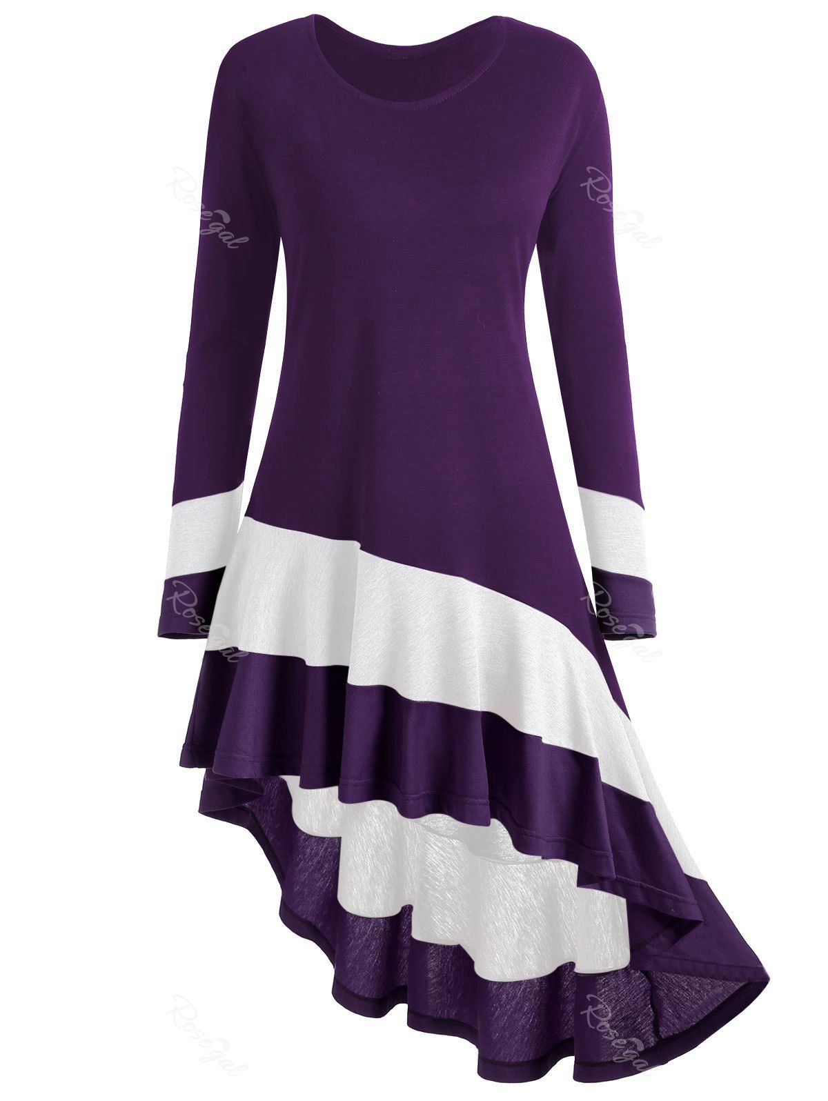 

Plus Size Asymmetric Color Block Top, White + purple