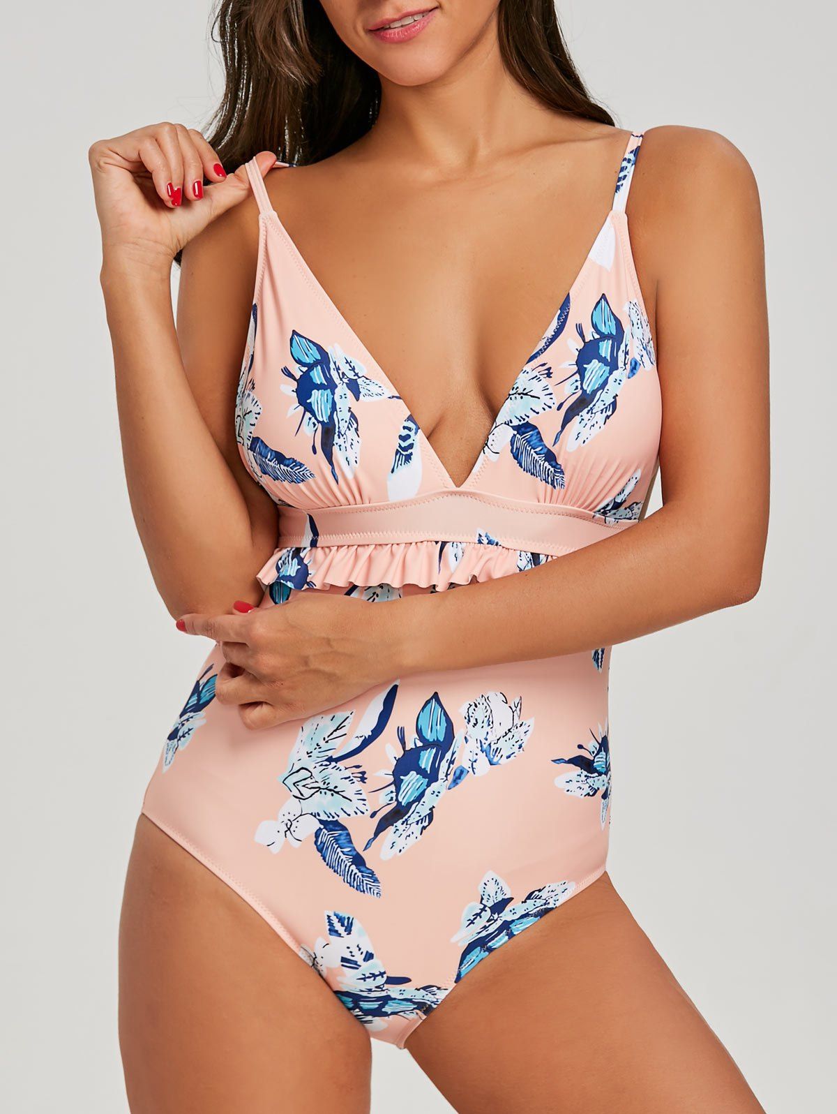 Buy Plunge Front Print Ruffle Tirm Swimsuit  