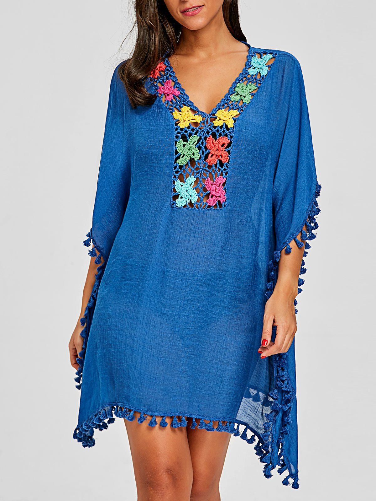 [36 OFF] Crochet Knit Tassel Cover Up Dress Rosegal