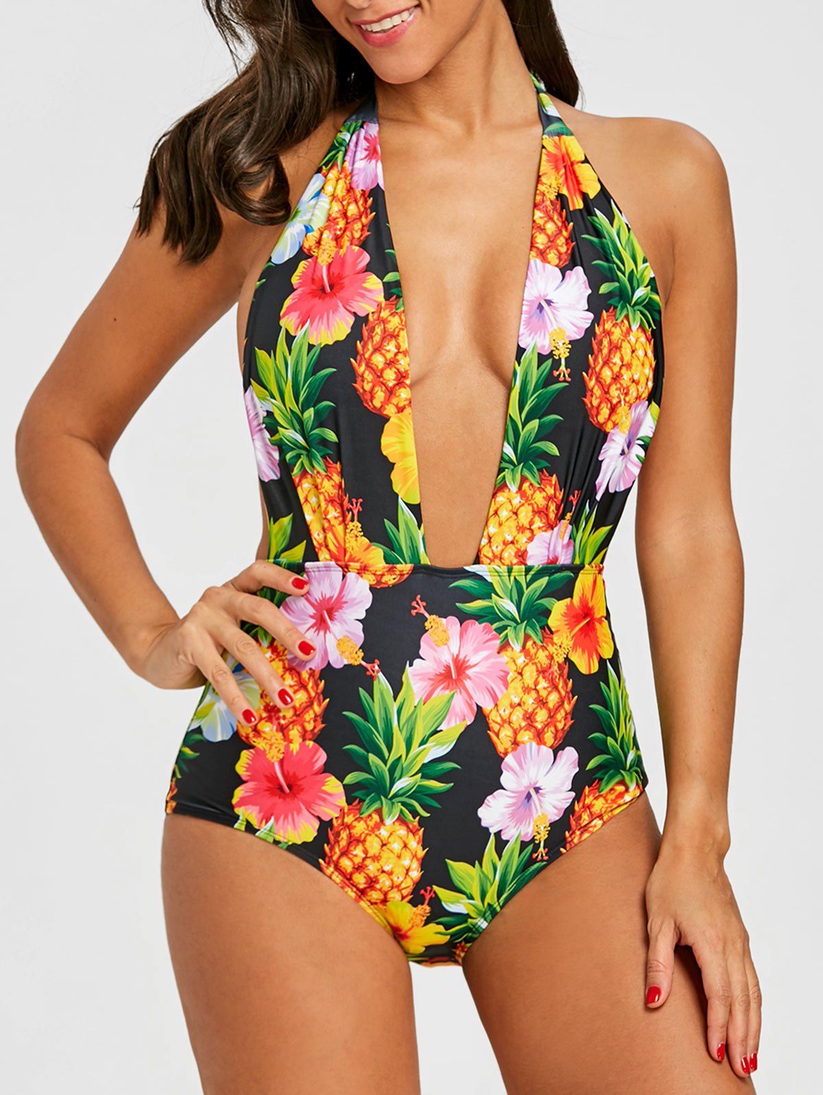 Unique Plunge Pineapple Floral One Piece Swimsuit  