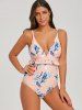 Plunge Front Print Ruffle Tirm Swimsuit -  