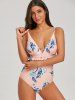 Plunge Front Print Ruffle Tirm Swimsuit -  
