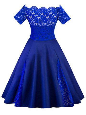 

Lace Panel Off The Shoulder Plus Size Dress, Royal blue